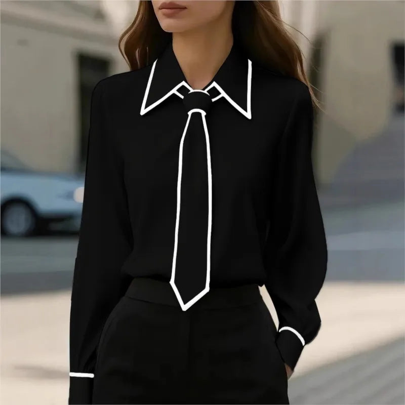 Blusa Feminina Formal com Laco - Manga Comprida Acabamento Contrastante