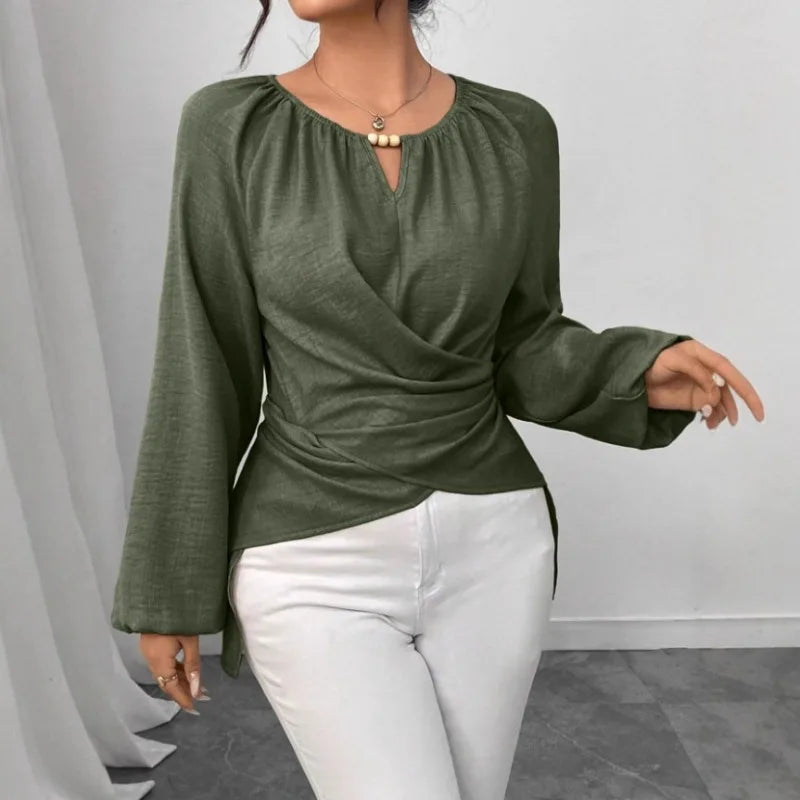 Blusa Feminina Elegante - Gola Redonda Perolas e Mangas Lanterna