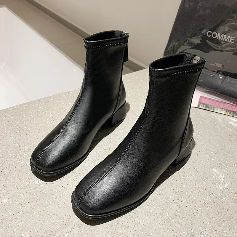 Botins Meias Femininos com Salto Quadrado e Plataforma — Estilo Retro Britânico