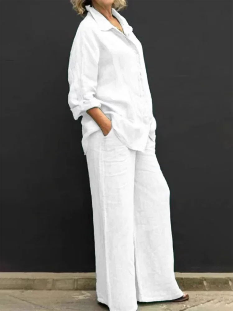 Conjunto Feminino de Linho - Blusa de Botoes e Calcas de Perna Larga