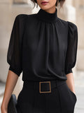 Blusa Feminina Elegante - Gola Alta Mangas Bufantes Chiffon