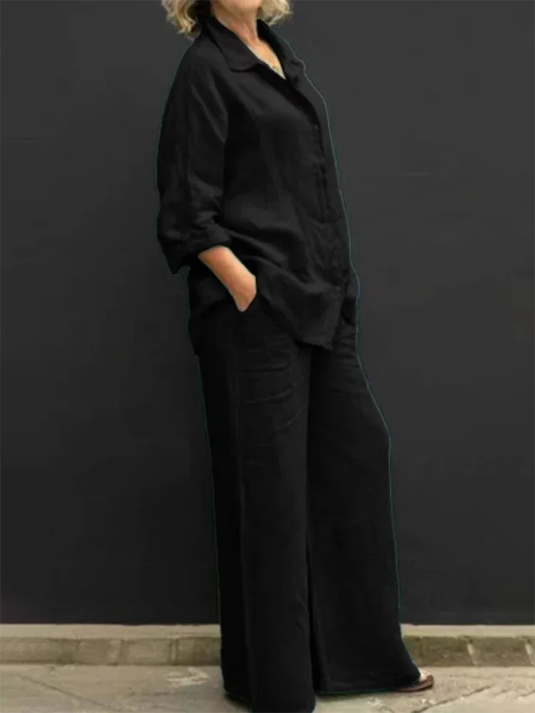 Conjunto Feminino de Linho - Blusa de Botoes e Calcas de Perna Larga