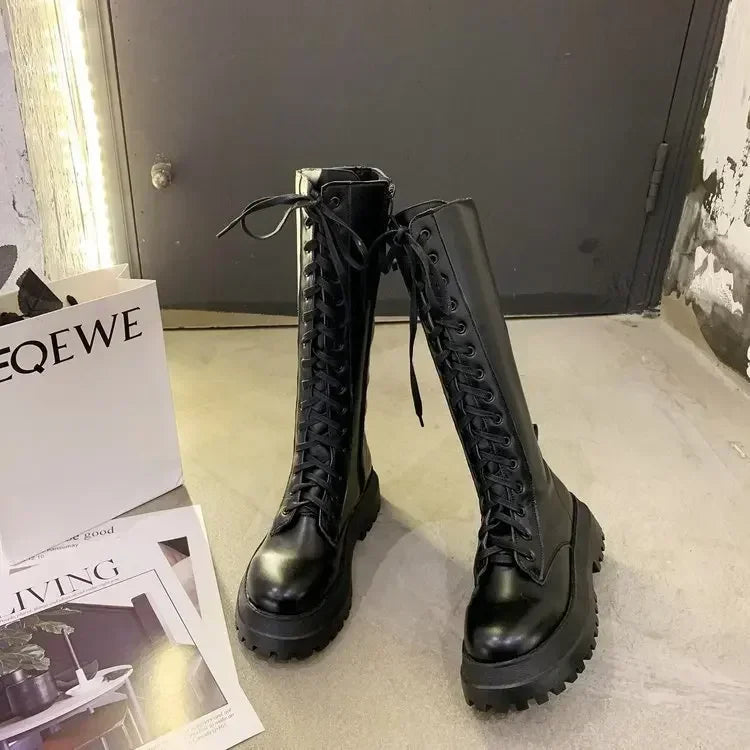 Botas Moto Femininas em PU com Atacadores e Plataforma — Estilo Punk Primavera Outono