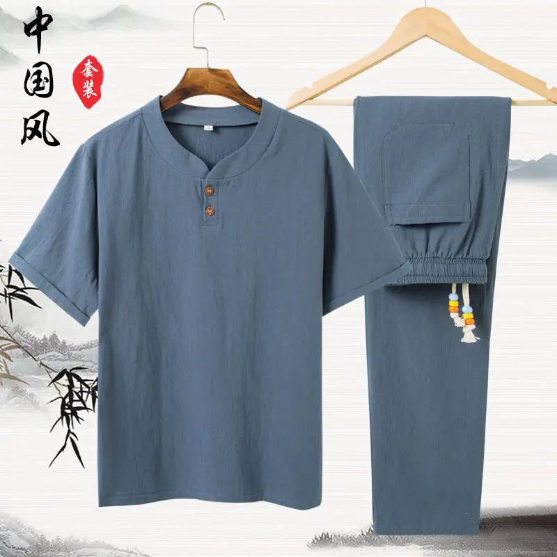Conjunto Masculino Algodao Linho - T-shirt e Calcas Estilo Chines
