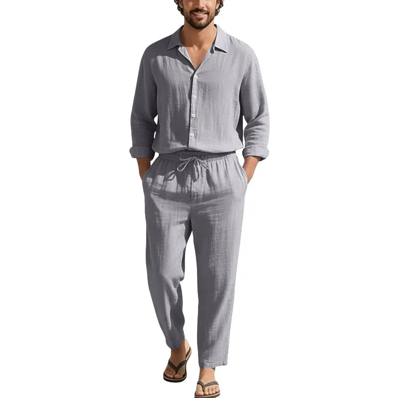 Conjunto Masculino Linho Manga Comprida - Camisa Protecao Solar e Calcas
