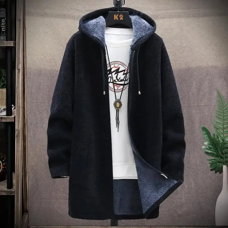 Camisola Cardigan Masculina Slim com Capuz e Forro de Velo | Casaco Longo Quente 2026