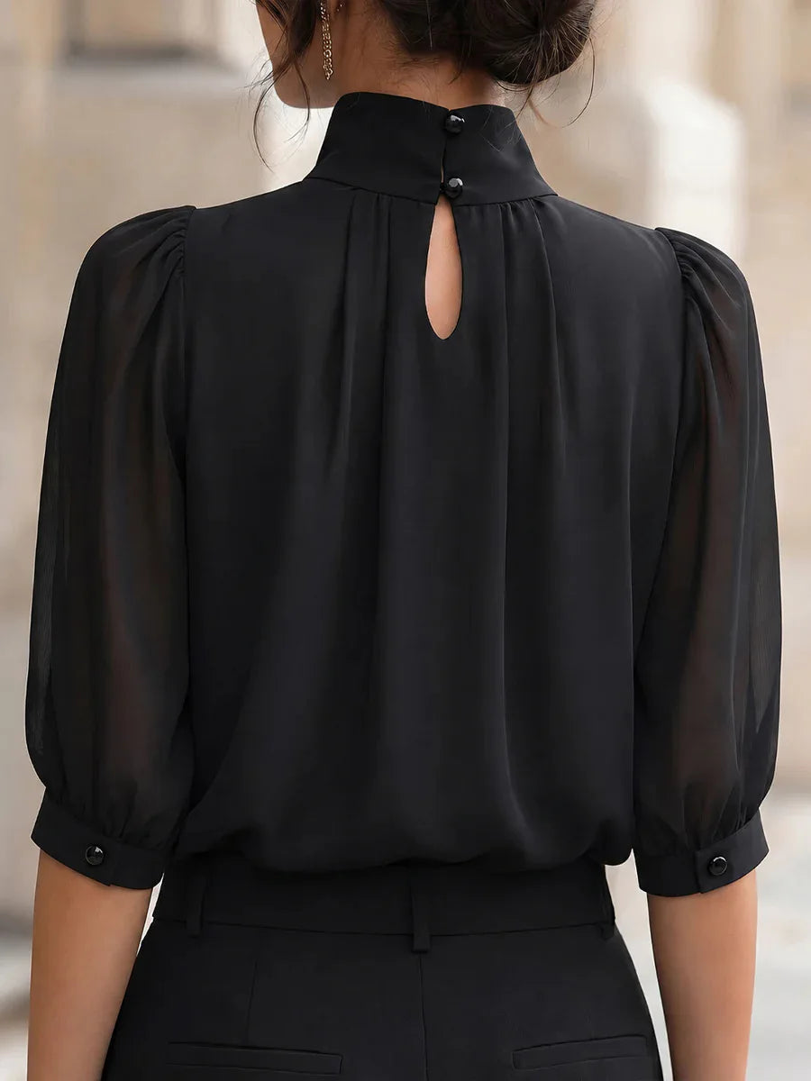 Blusa Feminina Elegante - Gola Alta Mangas Bufantes Chiffon