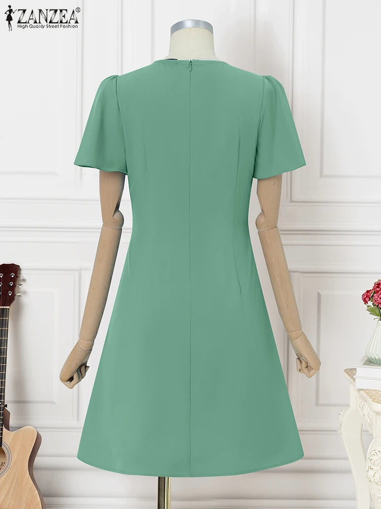 Vestido Feminino Elegante ZANZEA - Manga Curta Comprimento ao Joelho