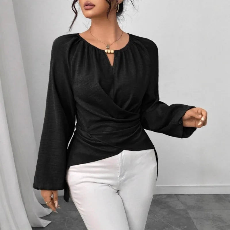 Blusa Feminina Elegante - Gola Redonda Perolas e Mangas Lanterna