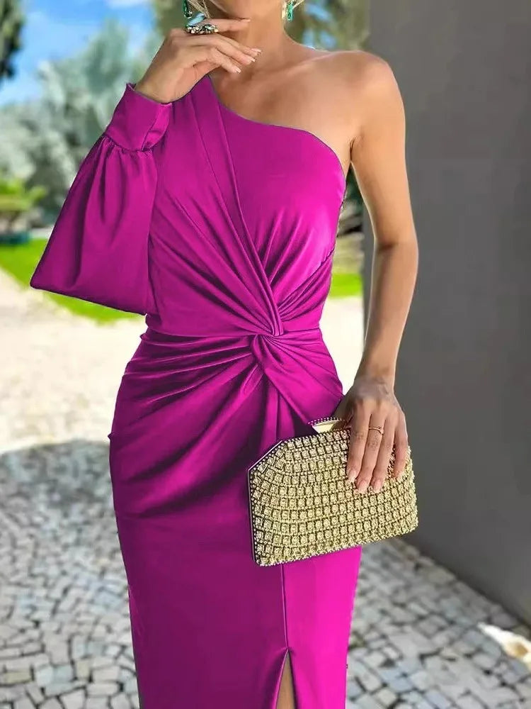 Vestido Longo de Festa com Fenda e Um Ombro para Casamento e Formatura
