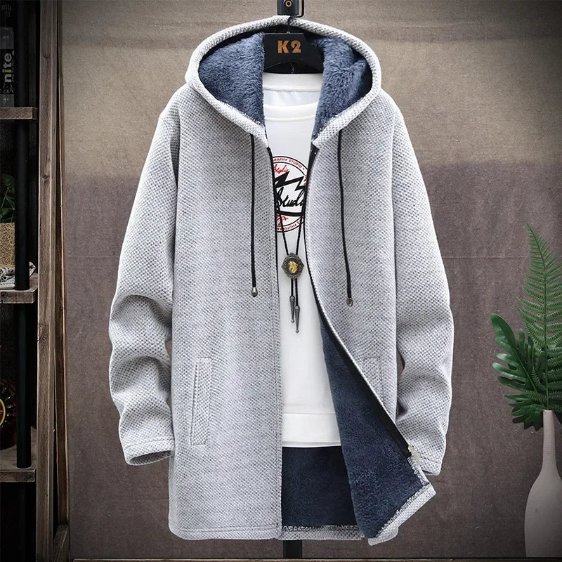Camisola Cardigan Masculina Slim com Capuz e Forro de Velo | Casaco Longo Quente 2026