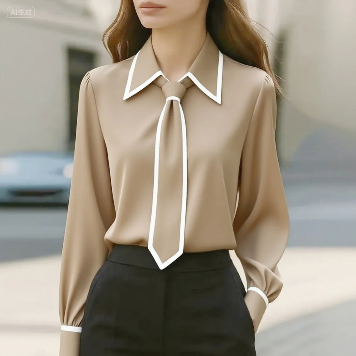 Blusa Feminina Formal com Laco - Manga Comprida Acabamento Contrastante