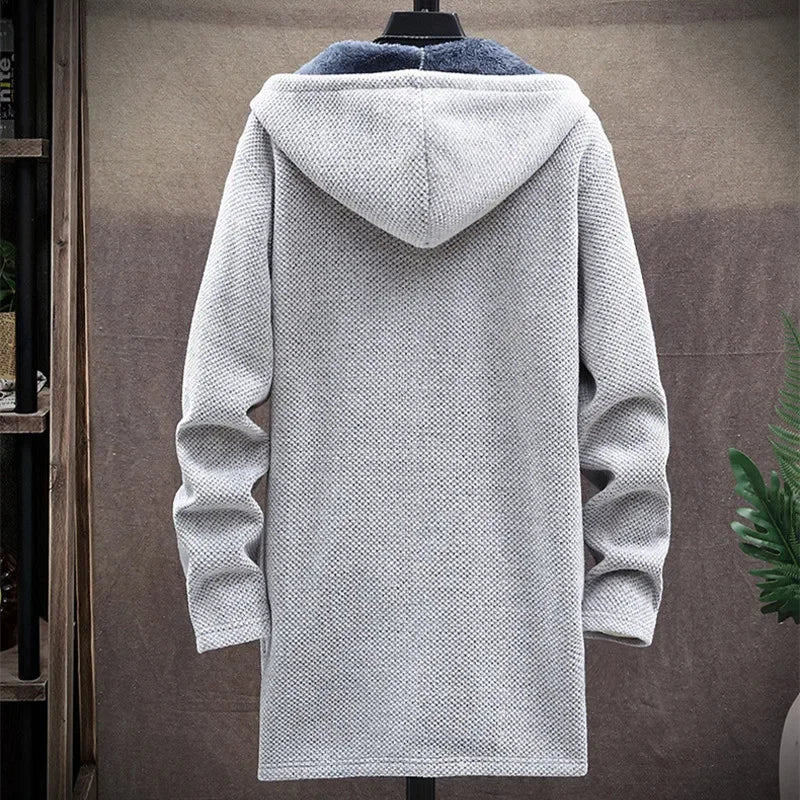 Camisola Cardigan Masculina Slim com Capuz e Forro de Velo | Casaco Longo Quente 2026