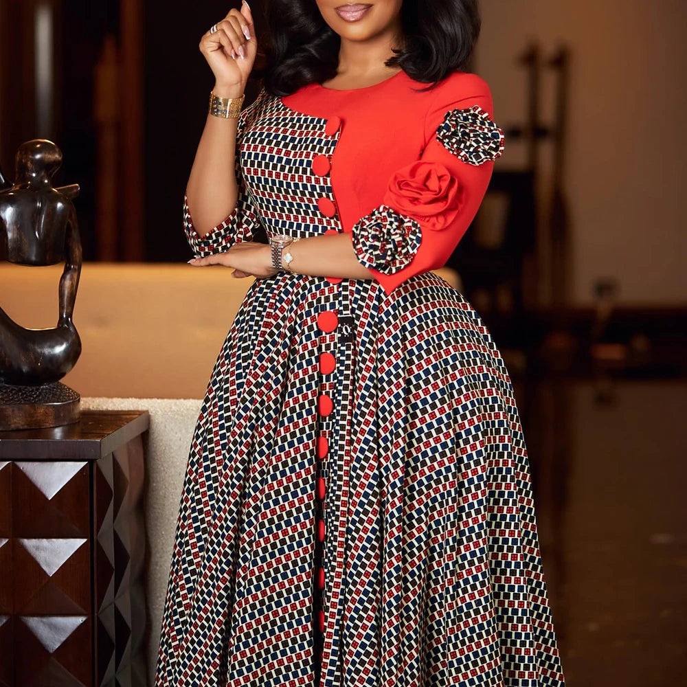 Vestido Longo Africano com Flores 3D e Xadrez | Manga 3/4 | Festa e Gala