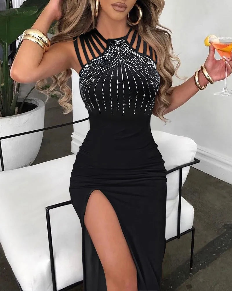 Vestido Longo Bordado com Fenda para Festa e Balada