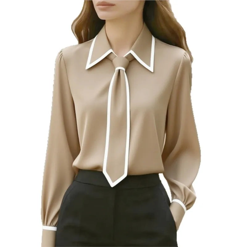 Blusa Feminina Formal com Laco - Manga Comprida Acabamento Contrastante