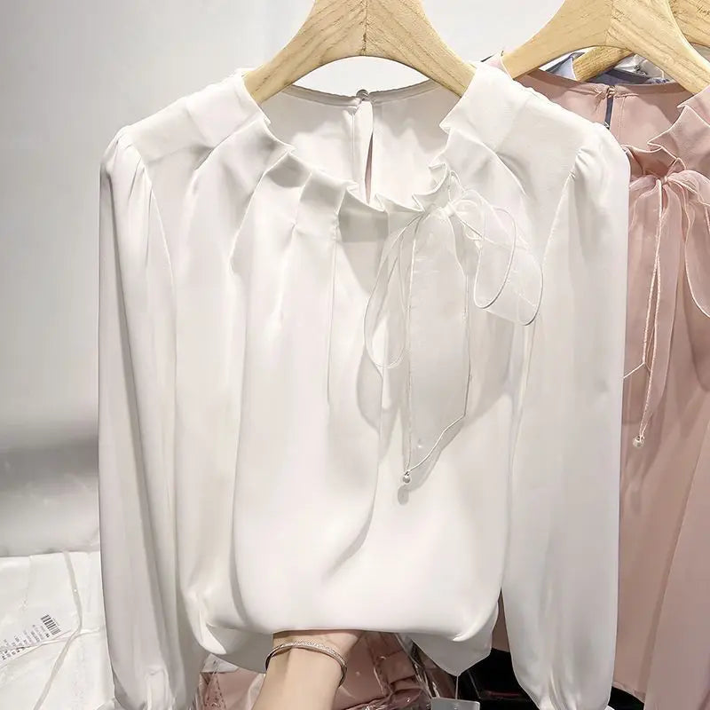 Blusa Feminina Chiffon com Laco e Renda - Manga Comprida Estilo Coreano