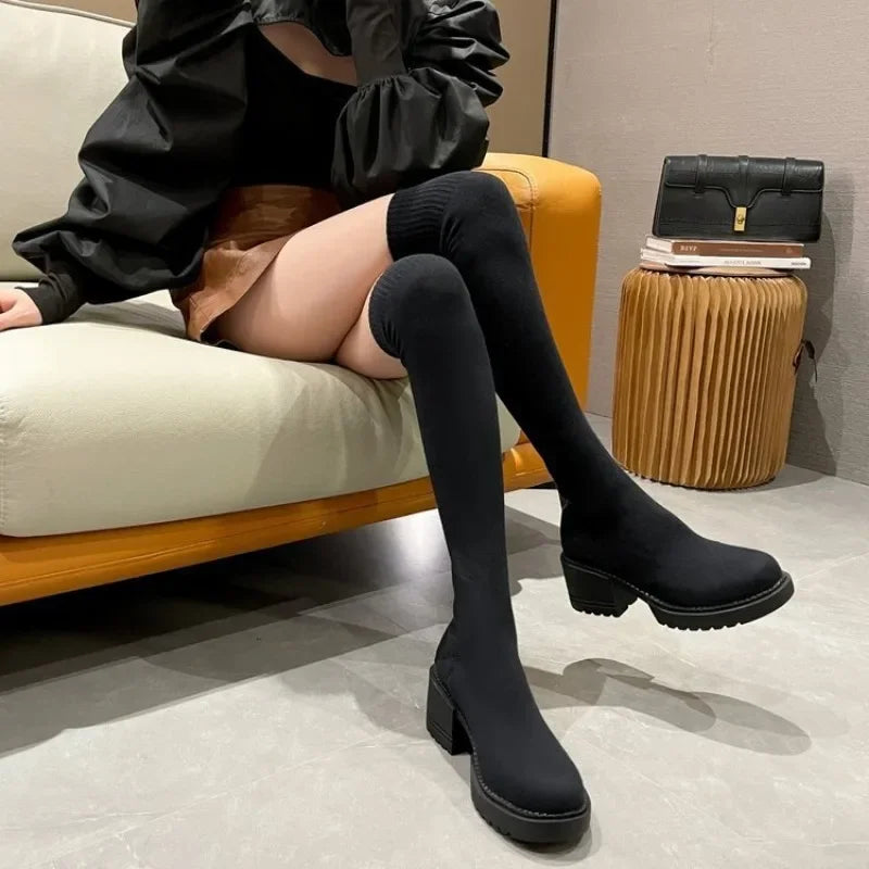 Botas Over-the-Knee Femininas com Plataforma — Estilo Cowboy Ocidental Elástico