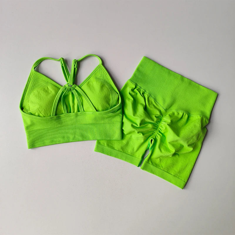 Conjunto Desportivo Feminino | Sutiã V-Back + Calções de Cintura Alta | Yoga & Treino