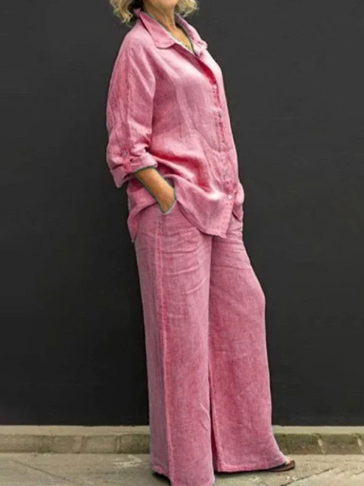 Conjunto Feminino de Linho - Blusa de Botoes e Calcas de Perna Larga