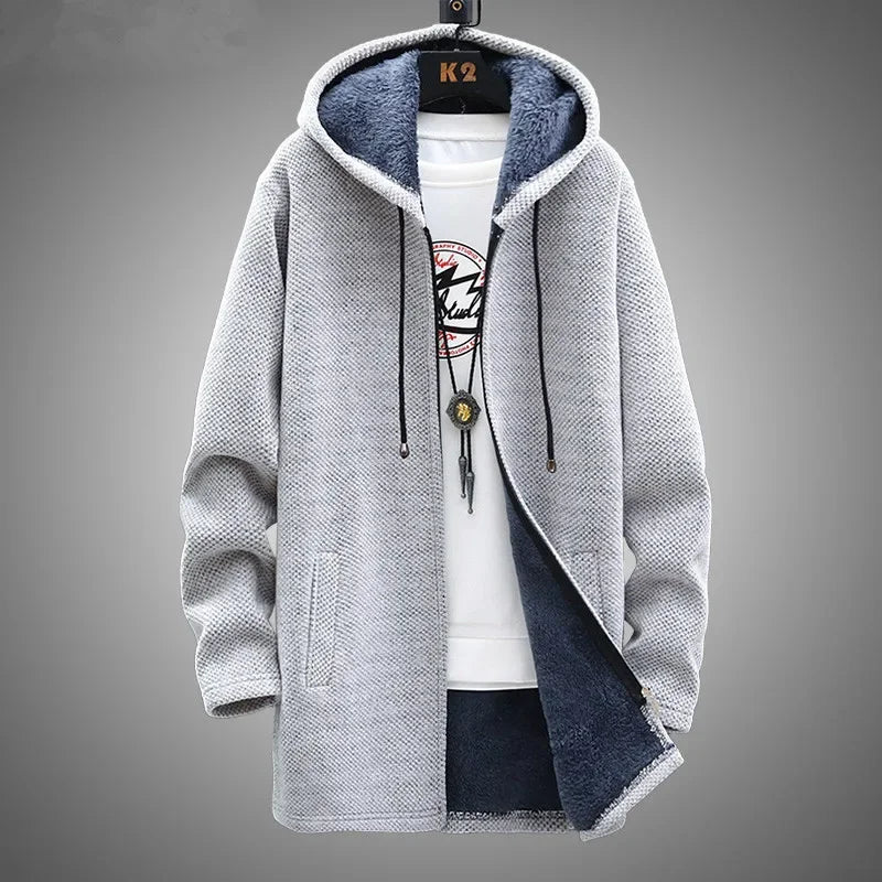 Camisola Cardigan Masculina Slim com Capuz e Forro de Velo | Casaco Longo Quente 2026