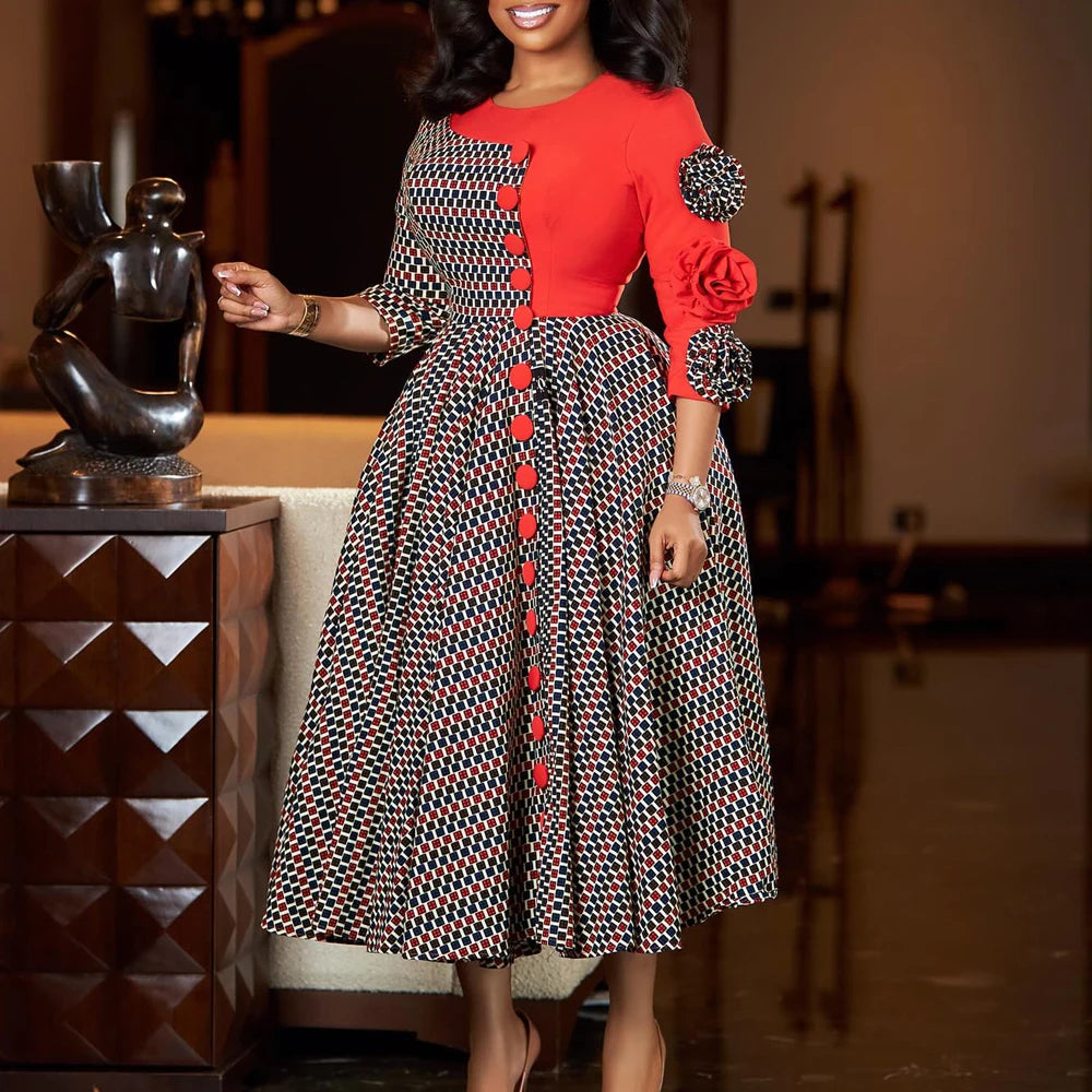 Vestido Longo Africano com Flores 3D e Xadrez | Manga 3/4 | Festa e Gala