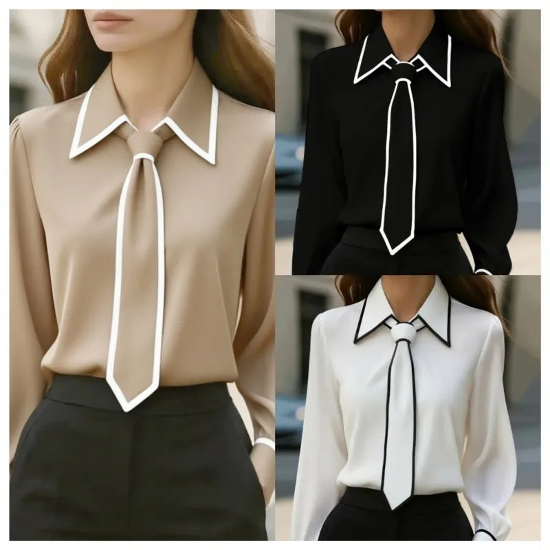 Blusa Feminina Formal com Laco - Manga Comprida Acabamento Contrastante