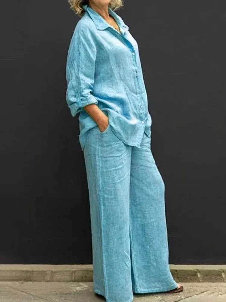 Conjunto Feminino de Linho - Blusa de Botoes e Calcas de Perna Larga