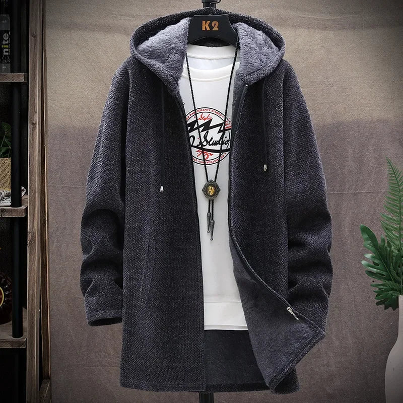 Camisola Cardigan Masculina Slim com Capuz e Forro de Velo | Casaco Longo Quente 2026