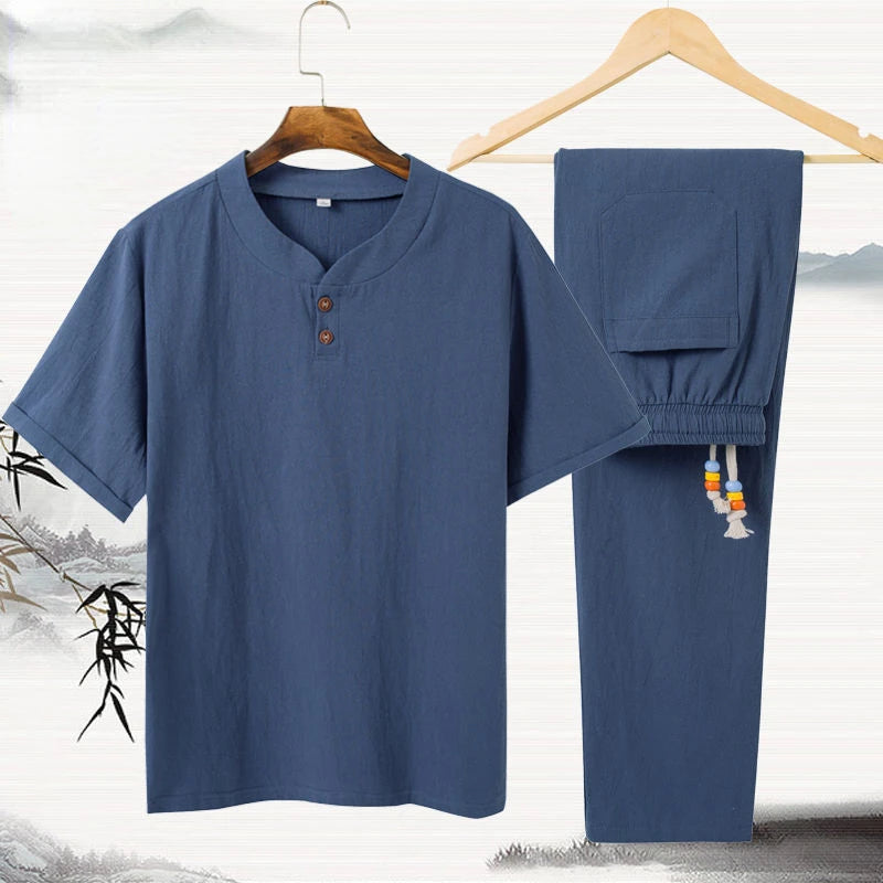 Conjunto Masculino Algodao Linho - T-shirt e Calcas Estilo Chines