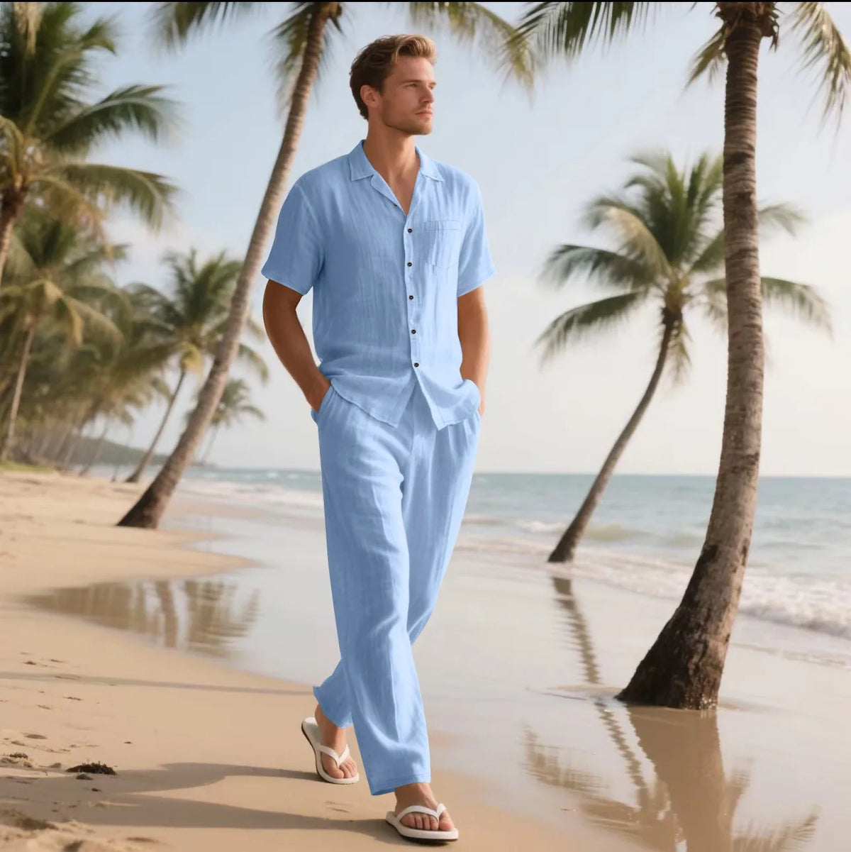 Conjunto Masculino Linho Verao - Camisa Manga Curta e Calcas Praia