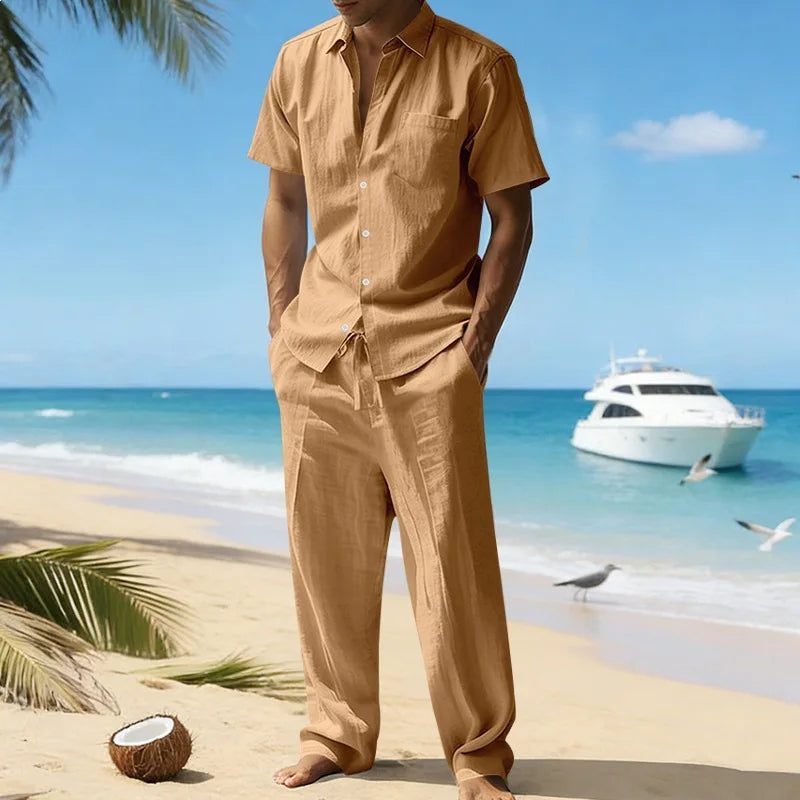 Conjunto Masculino Linho Verao - Camisa Manga Curta e Calcas Compridas