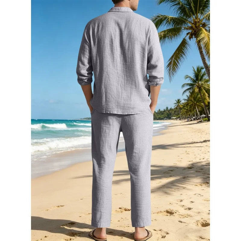 Conjunto Masculino Linho Manga Comprida - Camisa Protecao Solar e Calcas