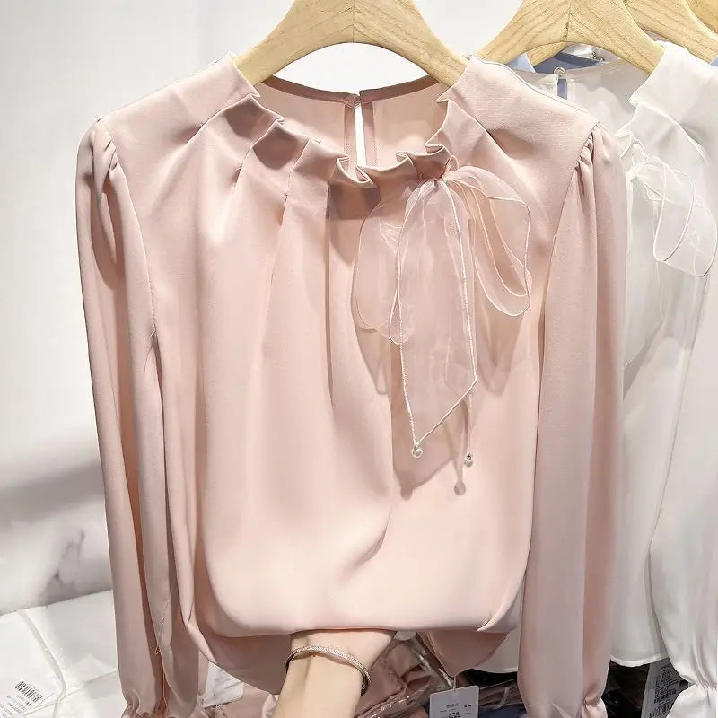 Blusa Feminina Chiffon com Laco e Renda - Manga Comprida Estilo Coreano