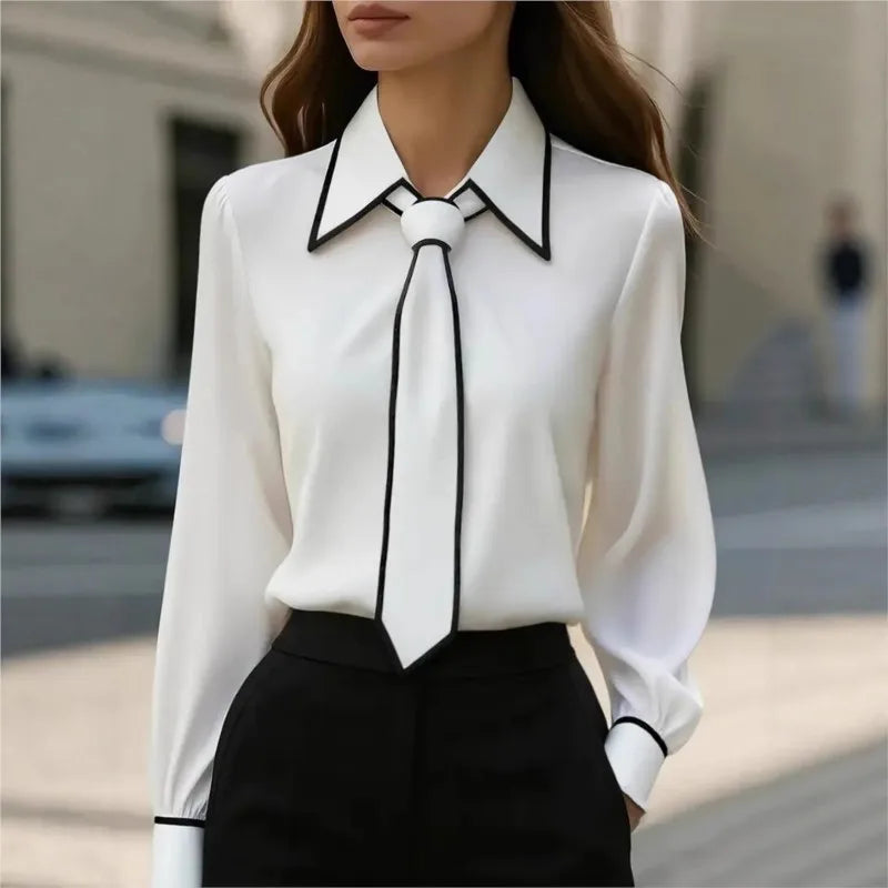 Blusa Feminina Formal com Laco - Manga Comprida Acabamento Contrastante