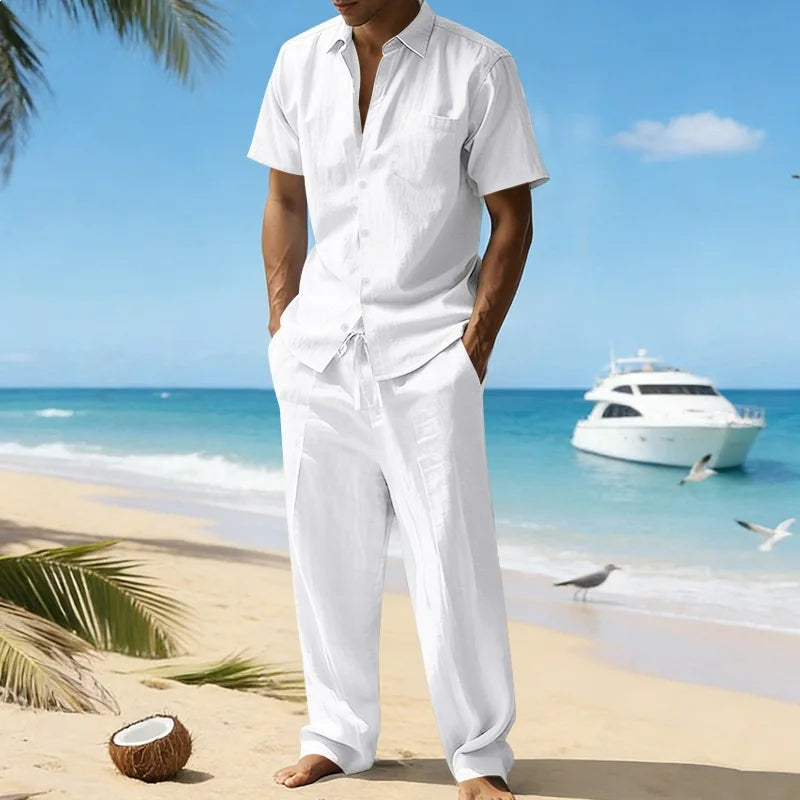 Conjunto Masculino Linho Verao - Camisa Manga Curta e Calcas Compridas