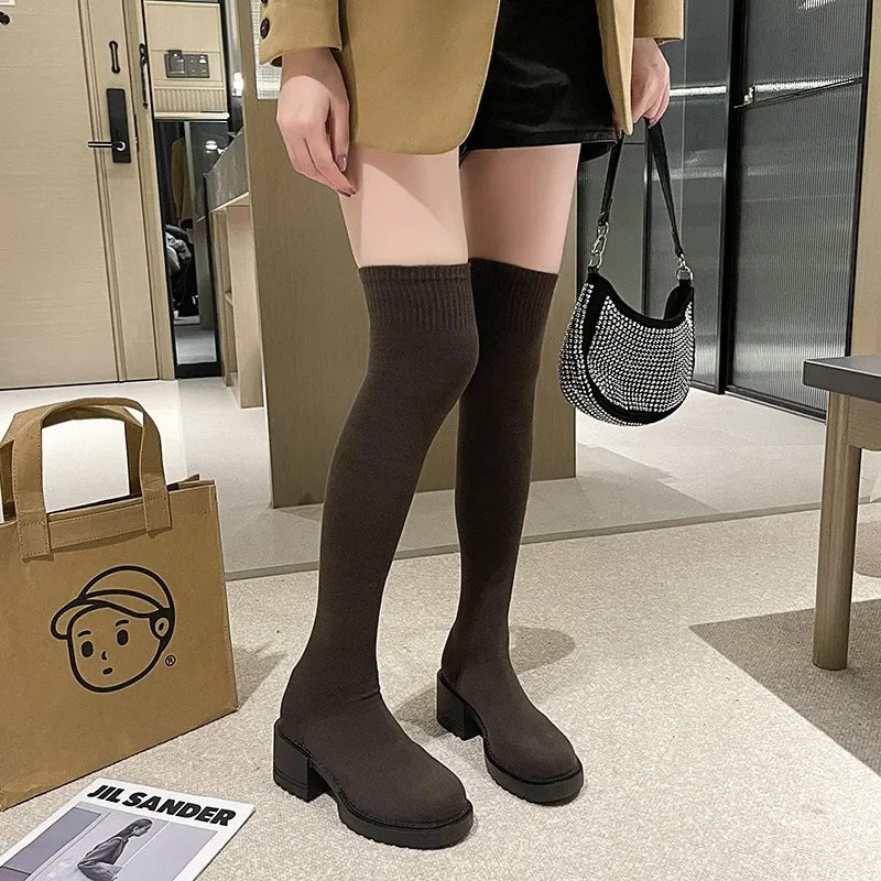 Botas Over-the-Knee Femininas com Plataforma — Estilo Cowboy Ocidental Elástico