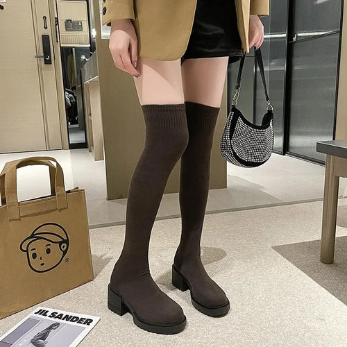 Botas Over-the-Knee Femininas com Plataforma — Estilo Cowboy Ocidental Elástico