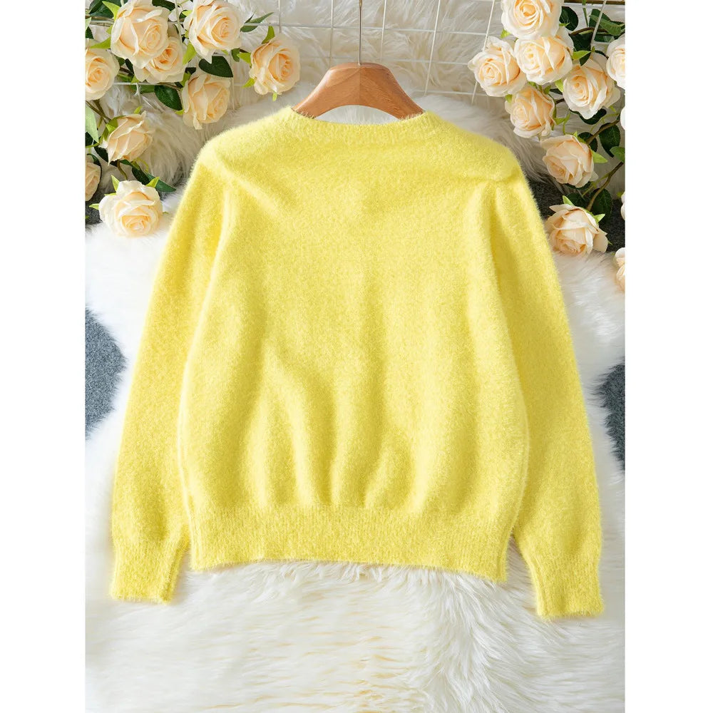 Camisola Cardigan Feminina Amarela com Botões Coração | Malha Outono Inverno