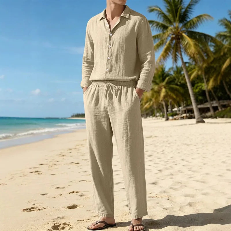 Conjunto Masculino Linho Manga Comprida - Camisa Protecao Solar e Calcas