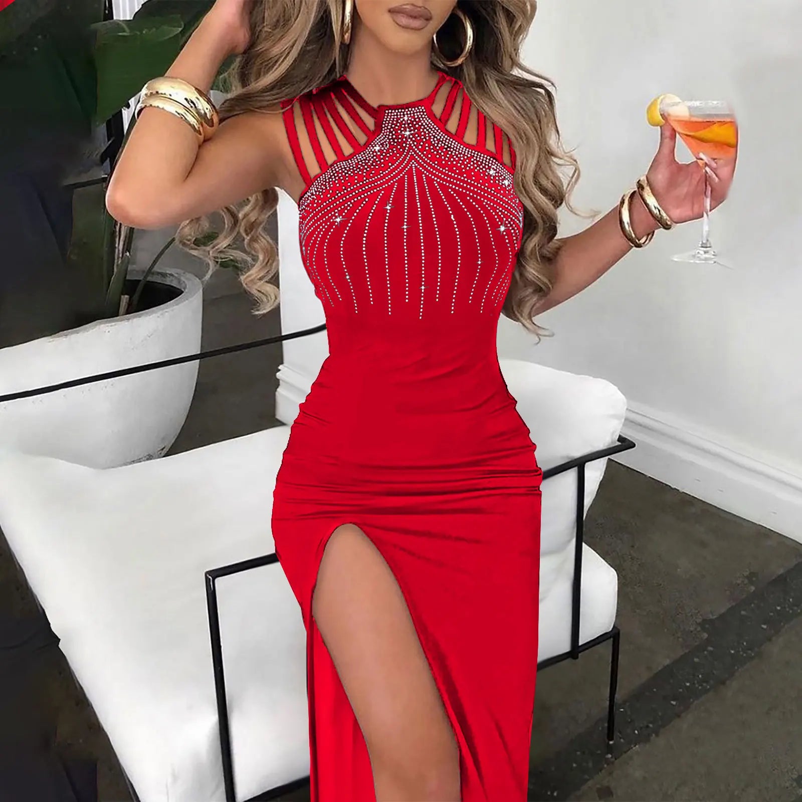 Vestido Longo Azul Royal Bordado Fenda - Festa e Balada