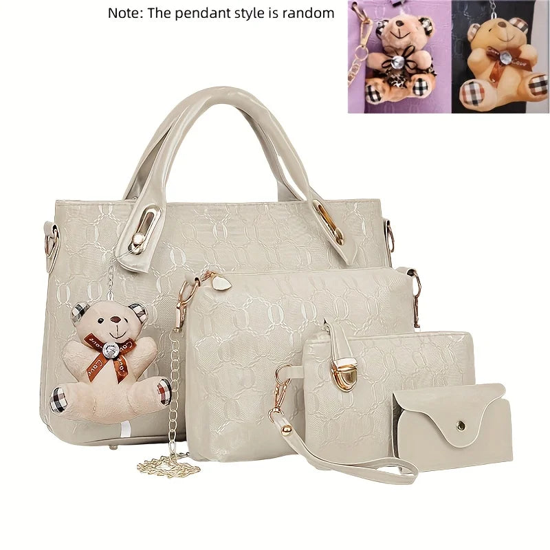Conjunto 4 Peças Mala Feminina em Relevo com Pendant Urso | TUDOAKI SHOP