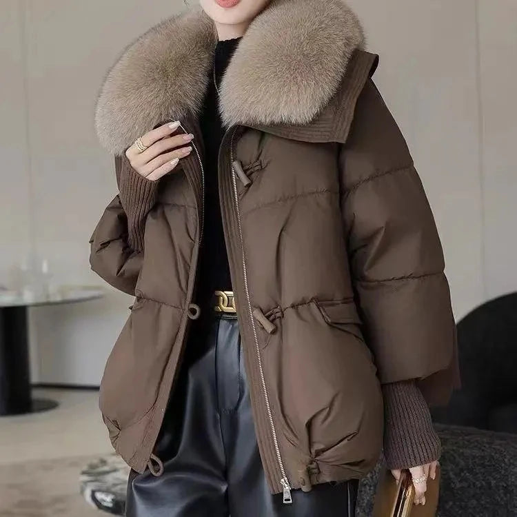 Casaco Parka Feminino com Gola de Pelo Grande | Acolchoado Quente de Inverno 2025