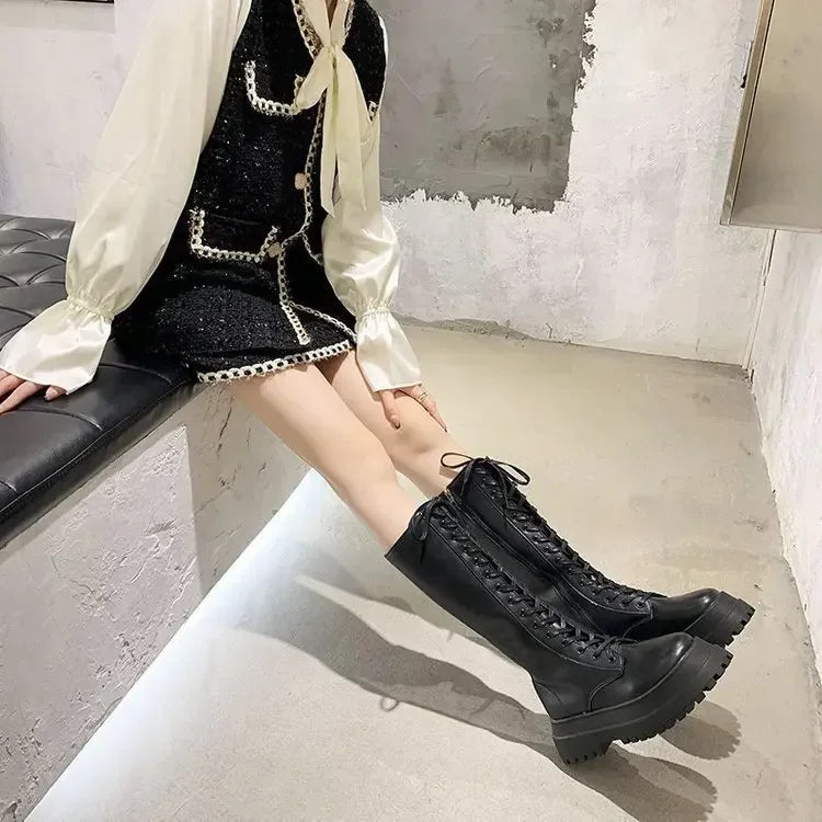 Botas Moto Femininas em PU com Atacadores e Plataforma — Estilo Punk Primavera Outono